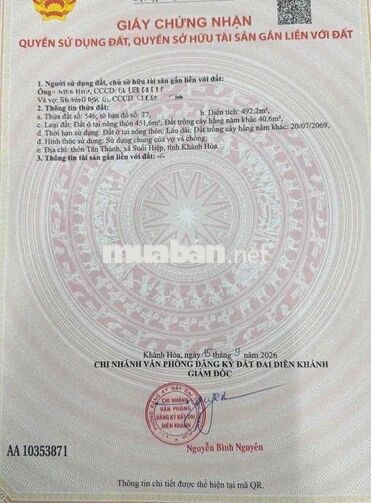 Bán Đất Vườn 492m2 Full Thổ Cư Suối Tiên - Khánh Hoà. Oto tận nơi