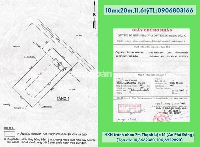 Bán đất chính chủ,10x20m,HXH tránh nhau 7m Thạnh Lộc 14-15(An Phú Đông