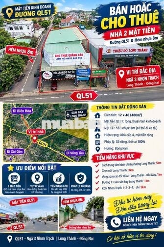 BÁN MẶT BẰNG KINH DOANH NGÃ 3 NHƠN TRẠCH/2 MẶT TIỀN/CỬA NGÕ KCN
