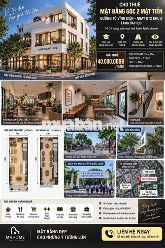 CHO THUÊ MẶT BẰNG GÓC 2 MẶT TIỀN- NGAY LÀNG ĐẠI HỌC