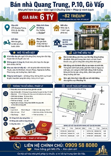 Bán nhà Quang Trung, Phường 10, Gò Vấp, ngang 5m dài 14,65m, 5.68 tỷ