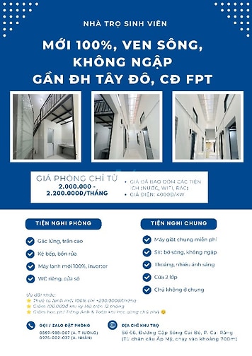 Trọ mới toanh, thoáng mát, không lo ngập gần ĐH Tây Đô, CĐ FPT