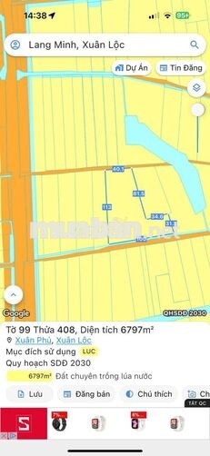 Bán 6796,5m2 đất lúa ngay chợ Lang Minh,sát đường DT765 chỉ 1,4 tỷ