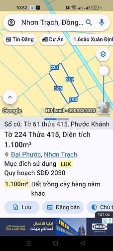 Bán thửa 415 tờ 61 phước khánh.nhơn trạch 1 tỷ 1