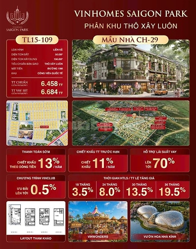 Vinhomes SaiGon Park nhà phố liền kề, Giá chỉ 6 Tỉ 4 