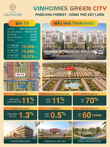 Vinhomes Green City Biệt Thự Song Lập Giá 15 Tỉ, nằm trục đường 3/2