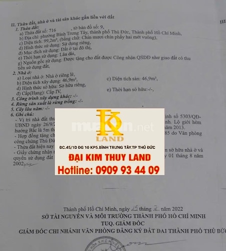 Cần bán nhà cấp 4 rộng 99,2m2 đường 14 Bình Trưng Tây