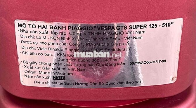 Piaggio Vespa GTS 125/2018 ABS i-Get bao kí giấy