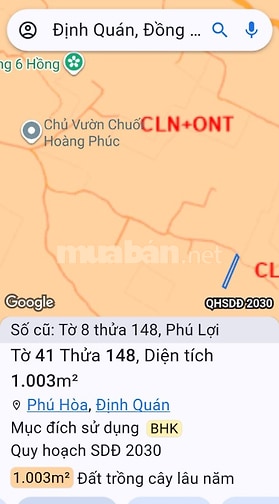 cần bán 1.003m2 đất vườn xã phí hoà.định quán