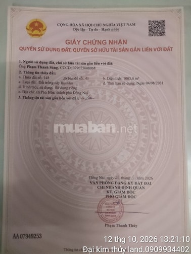 cần bán 1.003m2 đất vườn xã phí hoà.định quán