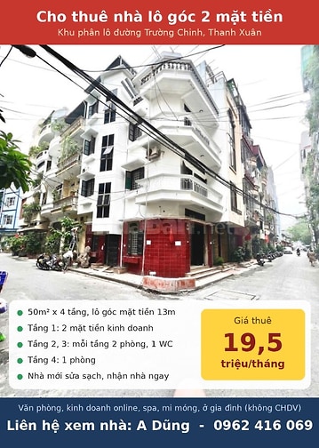 Nguyên căn Trường Chinh 50m, 4 tầng, lô góc, PL ô tô tránh, 19,5 triệu