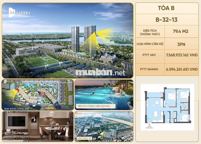 MASTERI RIVERA ĐÀ NẴNG  CĂN GÓC 3PN VIEW SÔNG CẨM LỆ GIÁ CHỈ 6,59 TỶ