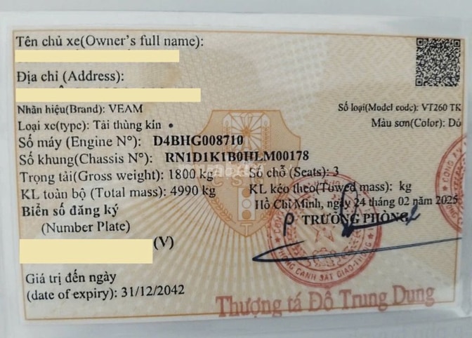 Bán xe tải hiệu VEAM Thùng kín 2017