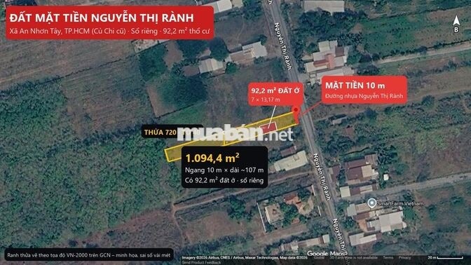 Bán đất mặt tiền Nguyễn Thị Rành 10x107m, có 92m² thổ cư, sổ riêng