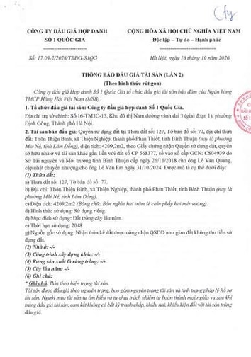 THÔNG BÁO BÁN ĐẤU GIÁ TÀI SẢN TẠI MŨI NÉ, LÂM ĐỒNG