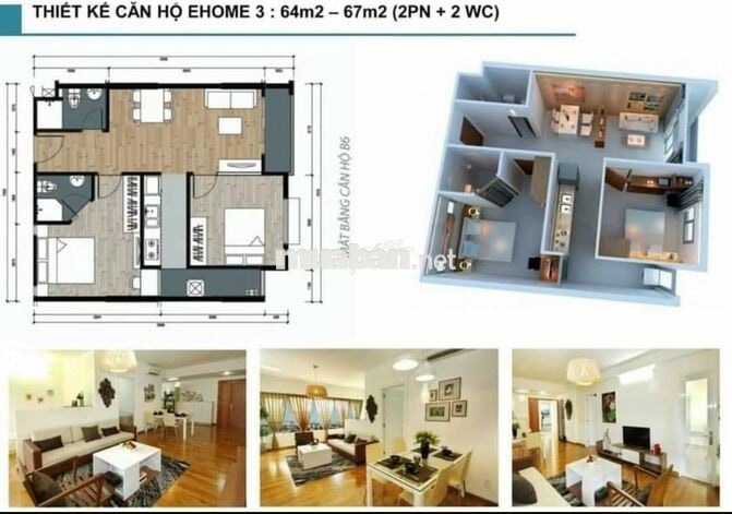 Bán căn ban công Ehome 3, nhà trống 2PN, 2WC, block mới, giá 2,645 tỷ