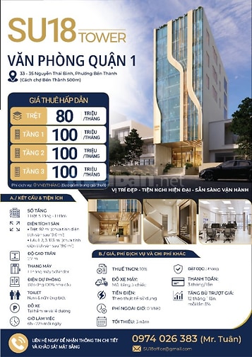 Cho thuê văn phòng nguyên tầng tại SU18 Tower - 33-35 Nguyễn Thái Bình