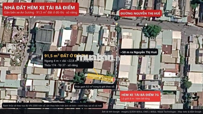 Bán nhà hẻm xe tải Bà Điểm 91,5m² đất ở, sổ riêng, gần bến xe An Sương
