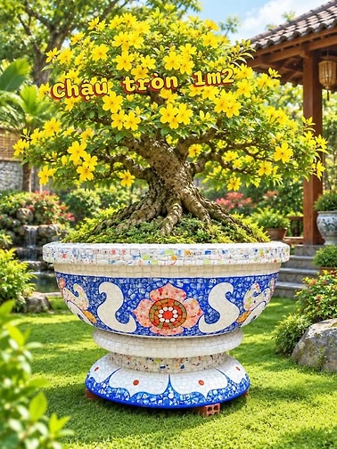 chậu ghép sành sứ , khảm miểng chén dĩa xưa