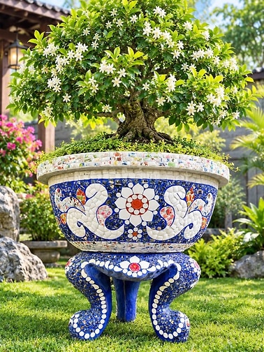 chậu ghép sành sứ , khảm miểng chén dĩa xưa