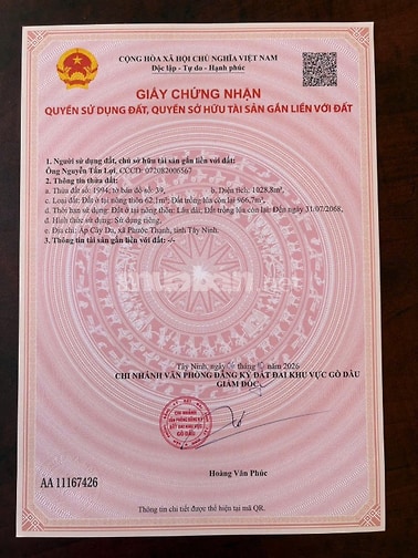 1028m2 có thổ cư. Đường nhựa kế bên KCN. 1,15 tỷ TL 