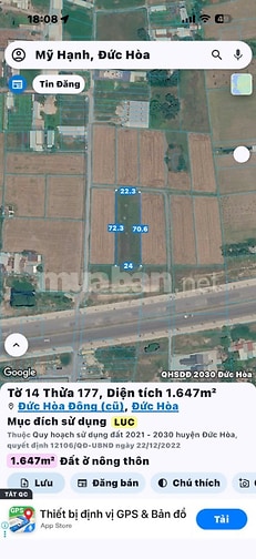 Bán đất 1 sẹc 823D, giáp ranh HCM , DT lớn, view thoáng, 1647m2