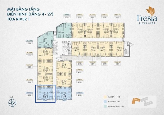 Chung cư Fresia Riverside Biên Hòa Lô Góc 2PN-2WC DT 53,3m2 giá 1 TỶ