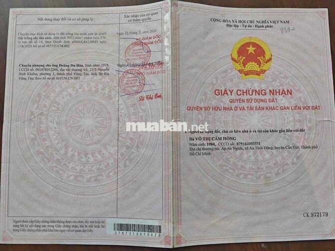 cần bán lô đất dt 7072m2 ở xã An Thới đông, cần giờ, tphcm giá 5,2 tỷ