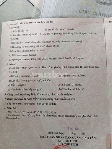 Bán nhà hẻm 738/14 QL1A, P.BHHB, Bình Tân, 3x16m, 1 lầu 