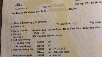 Cần bán đất thổ cư sổ đỏ chính chủ Yên Bình, Tam Điệp, Ninh Bình