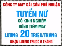 Tuyển Nữ có kinh nghiệm đứng tiệm may lương 20tr/th nhận trước 6 tháng Tuyển Nữ có kinh nghiệm đứng tiệm may lương 20tr/th nhận trước 6 tháng