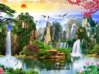 Gạch 3d phong cảnh thác nước cành đào Gạch 3d phong cảnh thác nước cành đào