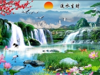 Tranh gạch men 3d thác nước con cò Tranh gạch men 3d thác nước con cò