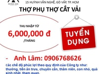 TUYỂN GẤP: THỢ PHỤ THỢ CẮT VẢI, CÔNG TY TNHH THỜI TRANG MINH AN TUYỂN GẤP: THỢ PHỤ THỢ CẮT VẢI, CÔNG TY TNHH THỜI TRANG MINH AN