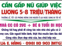 Gia đình Cần tuyển 1 nữ giúp việc nhà chung cư, LƯƠNG CAO Gia đình Cần tuyển 1 nữ giúp việc nhà chung cư, LƯƠNG CAO