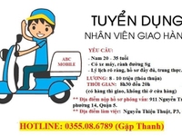 Tuyển gấp 01 nam giao nhận linh kiện điện thoại Quận 3 Tuyển gấp 01 nam giao nhận linh kiện điện thoại Quận 3