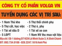 Cty CP Volga Tuyển: Nam Thủ kho, Thợ thổi, Thợ cắt, Thợ ó, tài xế.... Cty CP Volga Tuyển: Nam Thủ kho, Thợ thổi, Thợ cắt, Thợ ó, tài xế....