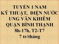 Tuyển 1 nam Kỹ thuật điện nước cho công ty từ 8h-17h ở Ung Văn Khiêm Tuyển 1 nam Kỹ thuật điện nước cho công ty từ 8h-17h ở Ung Văn Khiêm