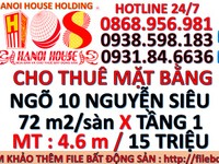 Cho thuê nhà tâng 1 ngõ 10 nguyễn siêu 72m2 mặt tiền 4.6m Cho thuê nhà tâng 1 ngõ 10 nguyễn siêu 72m2 mặt tiền 4.6m
