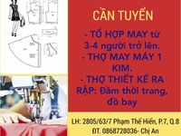Cần tuyển TỔ HỢP MAY; Thợ May Máy 1 Kim; Thợ THIẾT KẾ RA RẬP