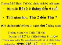 Trường mầm non Thiên Tài Nhỏ tuyển sinh bé từ 6 tháng đến 6 tuổi Trường mầm non Thiên Tài Nhỏ tuyển sinh bé từ 6 tháng đến 6 tuổi