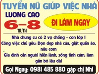 TUYỂN NỮ GVGĐ NHÀ CHUNG CƯ, đi làm luôn, lương 6-12 tr/tháng
