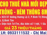 Cho thuê nhà mới đẹp hẻm thông 8m, 822/37 Hương Lộ 2, Q.Bình Tân Cho thuê nhà mới đẹp hẻm thông 8m, 822/37 Hương Lộ 2, Q.Bình Tân