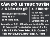 Cầm đồ Lê Trực cần tuyển bảo vệ, giám định giá, nhân viên văn phòng