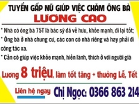 Cần tuyển gấp cô giúp việc cho ông bà 75T là bác sĩ về hưu khỏe mạnh