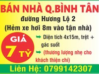 Bán nhà Quận Bình Tân ! đường Hương Lộ 2 (Hẻm xe hơi 8m vào tận nhà)