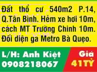 Cho thuê nhà cấp 4 DT: 540m2 P.14 Q. Tân Bình