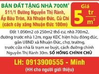 Bán Đất tặng nhà 700m2, Củ Chi, Tp HCM DT: 1.050m2