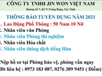 Tuyển 50 lao động phổ thông Nam, thu nhập 5 đến 8 triệu Tuyển 50 lao động phổ thông Nam, thu nhập 5 đến 8 triệu