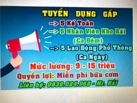 Cần tuyển 5 kế toán, 5 nhân viên kho bãi ca đêm, 5 lao động phổ thông